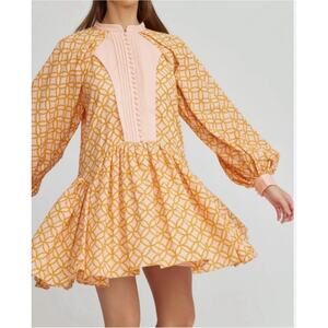 Roii Eyelet Mini Dress Medium Pink Orange Balloon Sleeve Retro Boho Eclectic Art